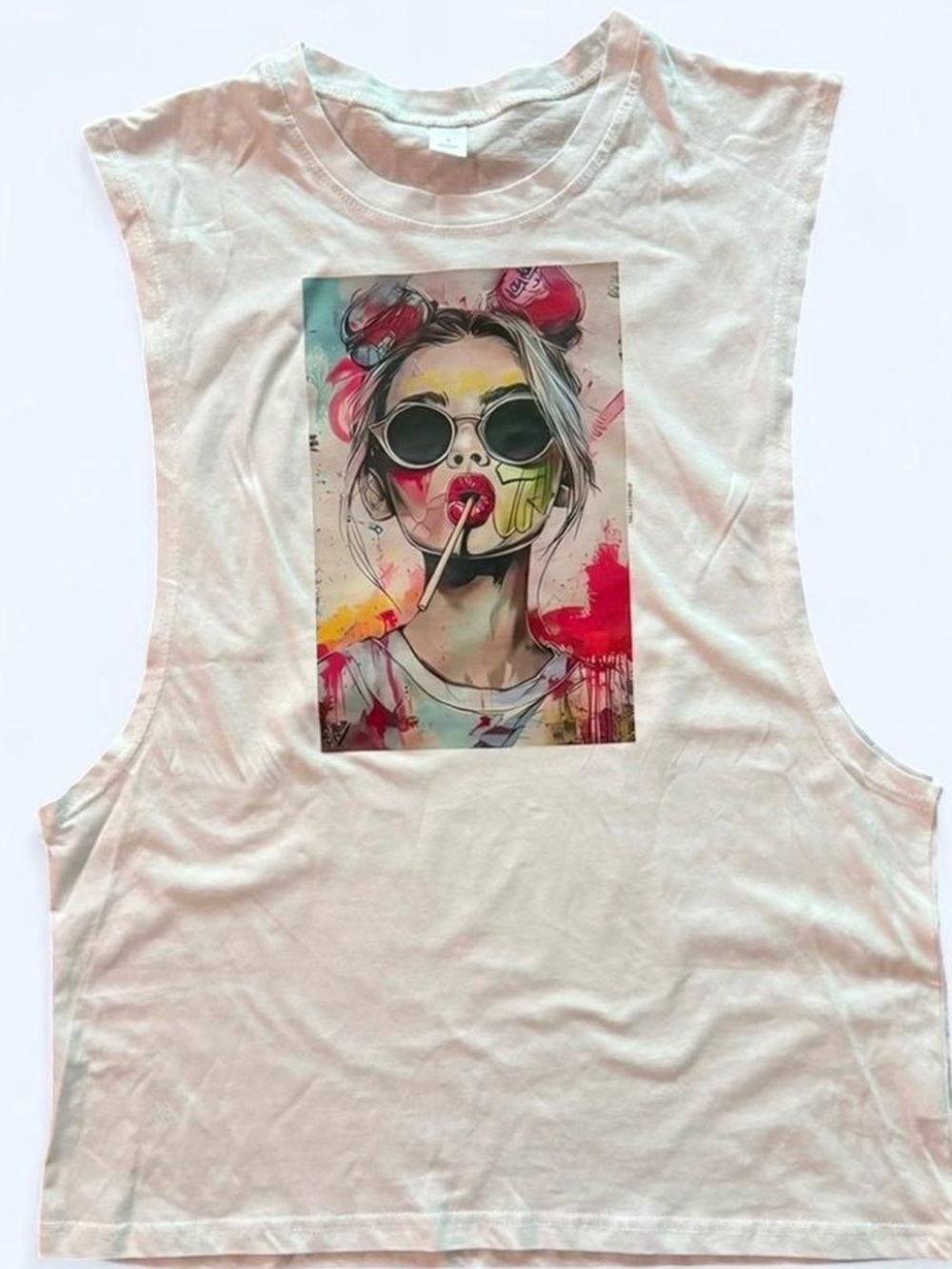 Graphic Muscle Tank Top - White with Colorful Pop Art